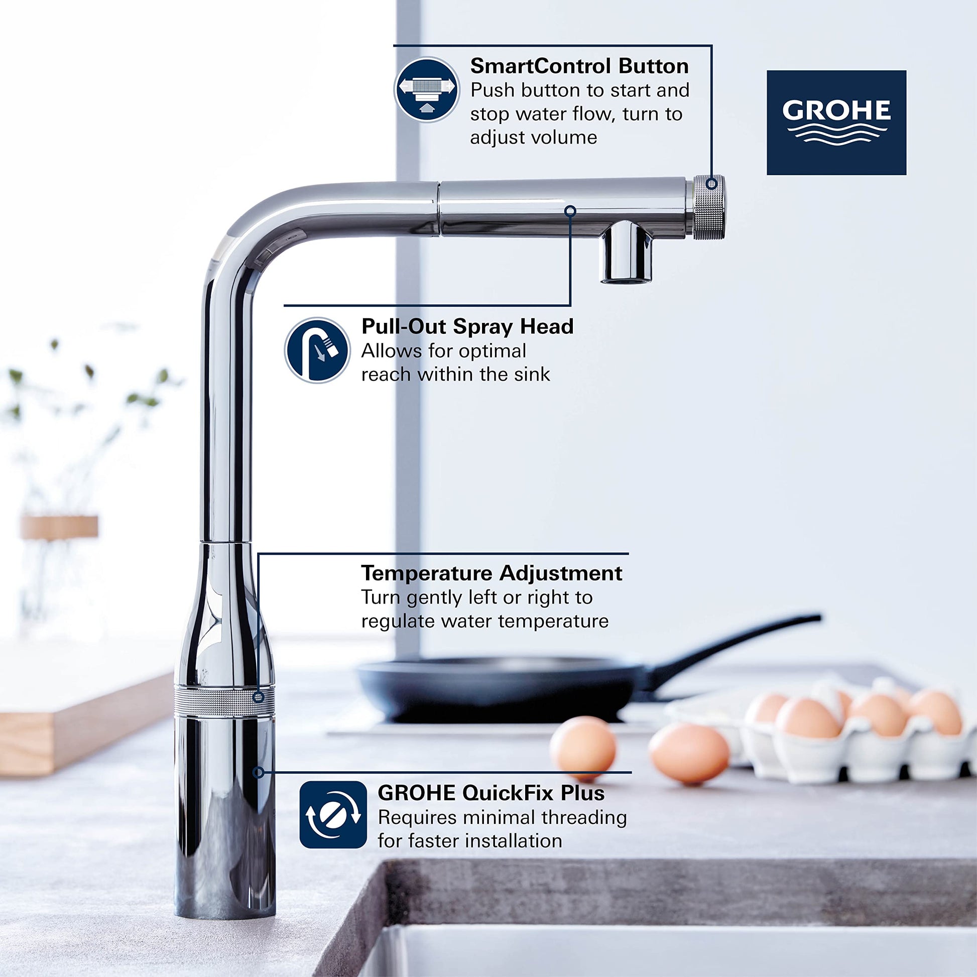 Chrome kitchen faucet with pull-out spray head, curved spout, and SmartControl button mounted on top for water flow and tempe