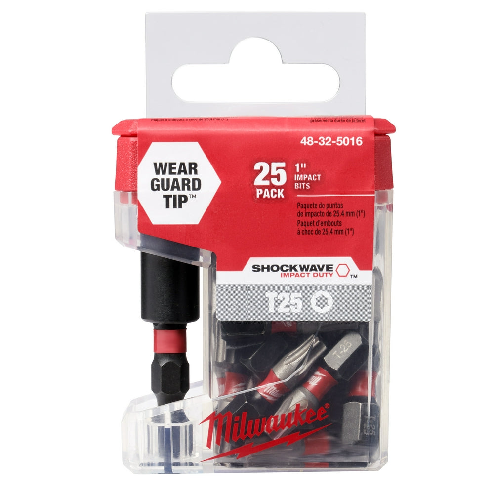 Milwaukee Shockwave T25 impact bits 25-pack with black and red bit holder attached to red and white packaging.