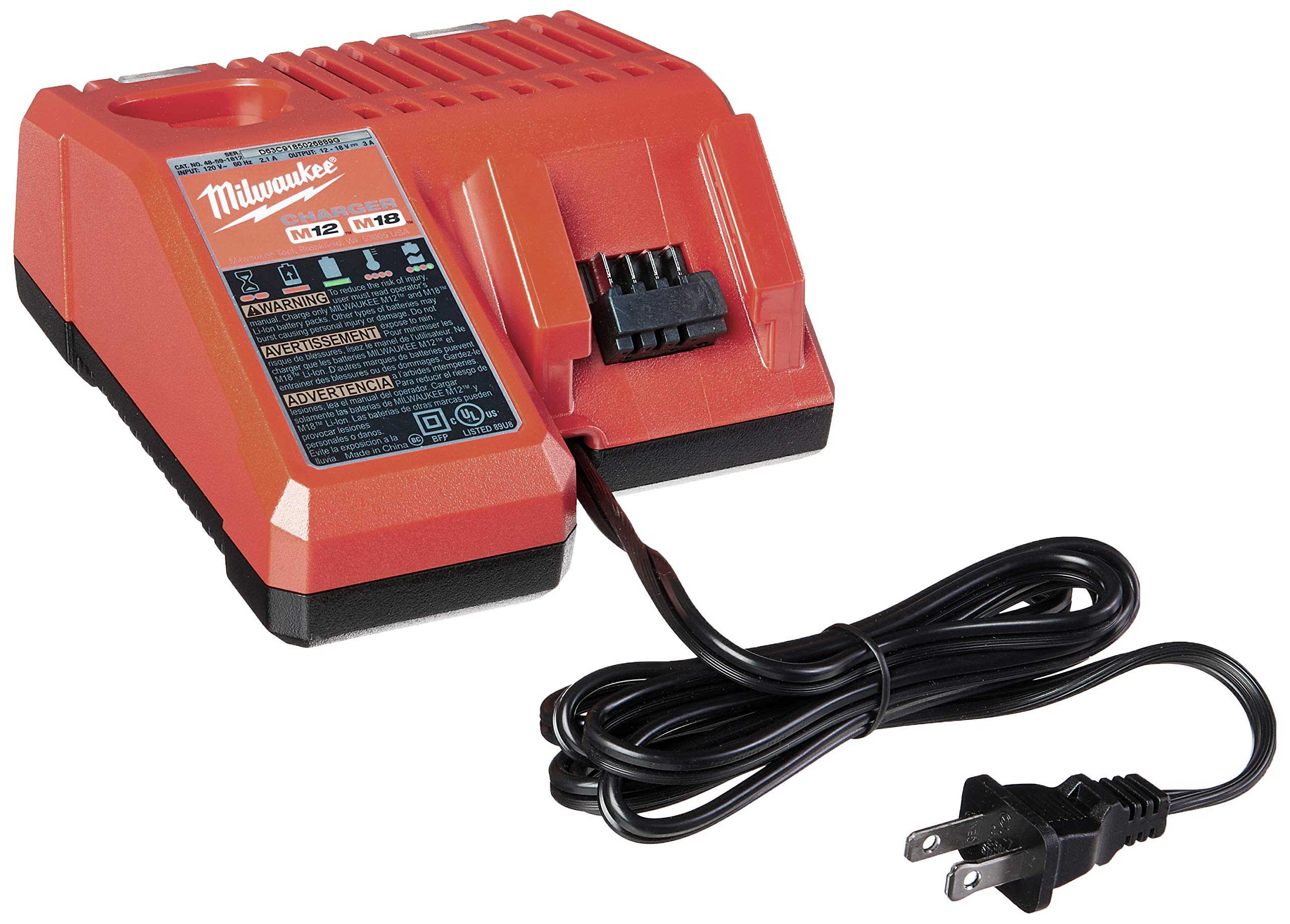 Milwaukee M18 red and black dual-port battery charger with power cord.