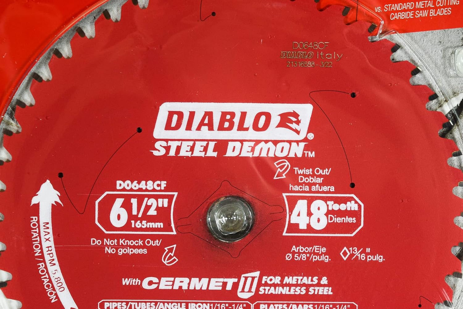 Red Diablo Steel Demon circular saw blade with 48 carbide teeth, 6.5 inch diameter, for metal cutting.