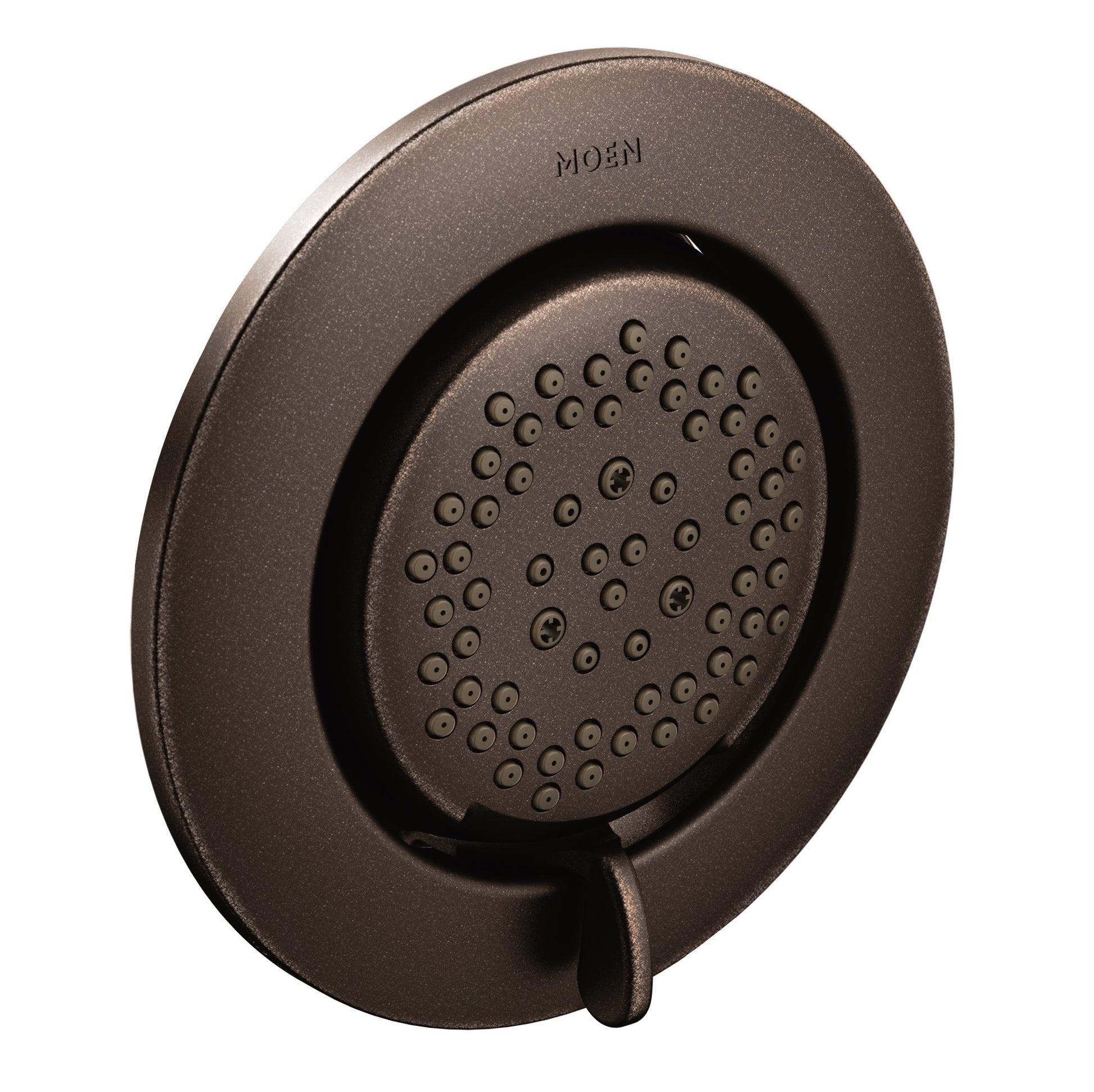 Round oil rubbed bronze body spray with multiple spray holes and control lever on circular trim plate.