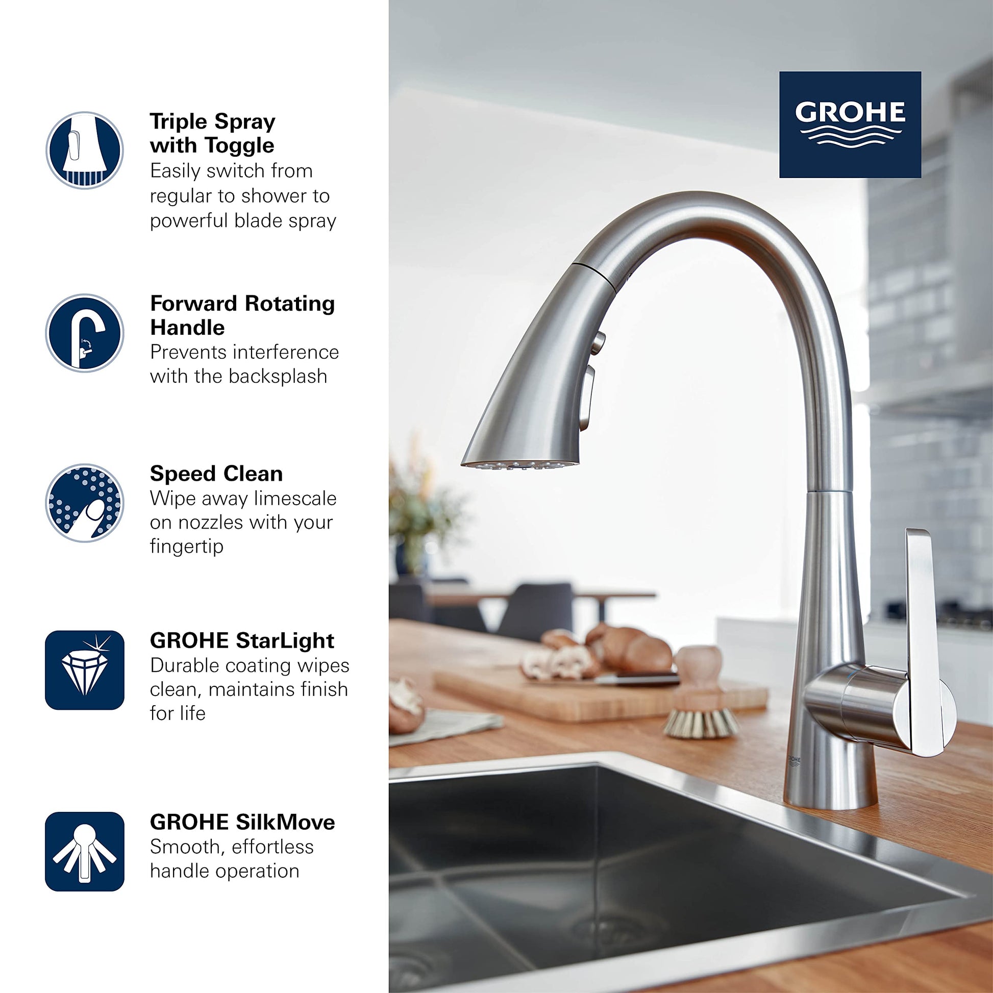 Grohe Zedra matte black single-handle pull-down kitchen faucet with curved spout and toggle spray control mounted above sink.