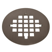 Satin nickel circular shower strainer with grid pattern openings and center drain outlet.