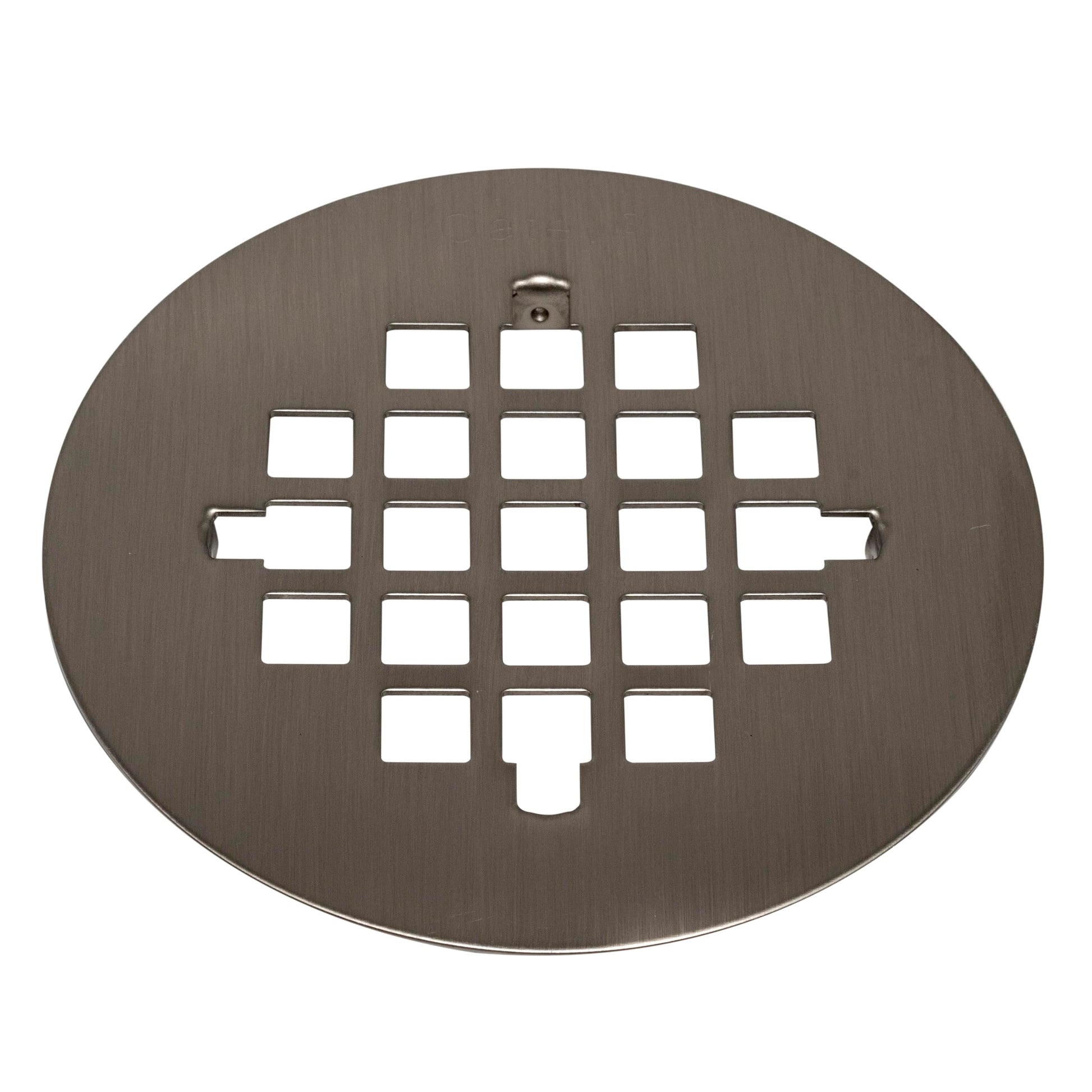 Satin nickel circular shower strainer with grid pattern openings and center drain outlet.