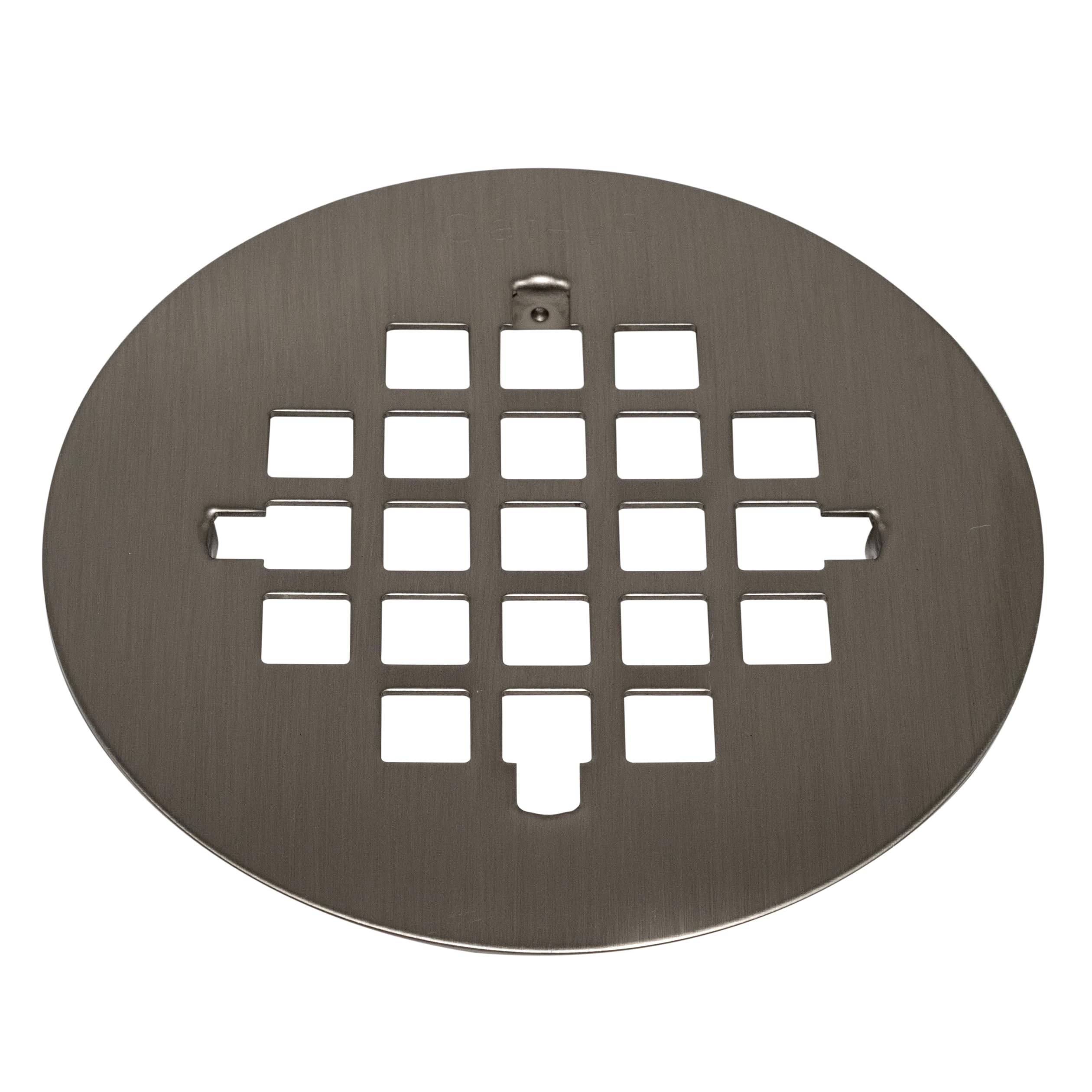 Satin nickel circular shower strainer with grid pattern openings and center drain outlet.