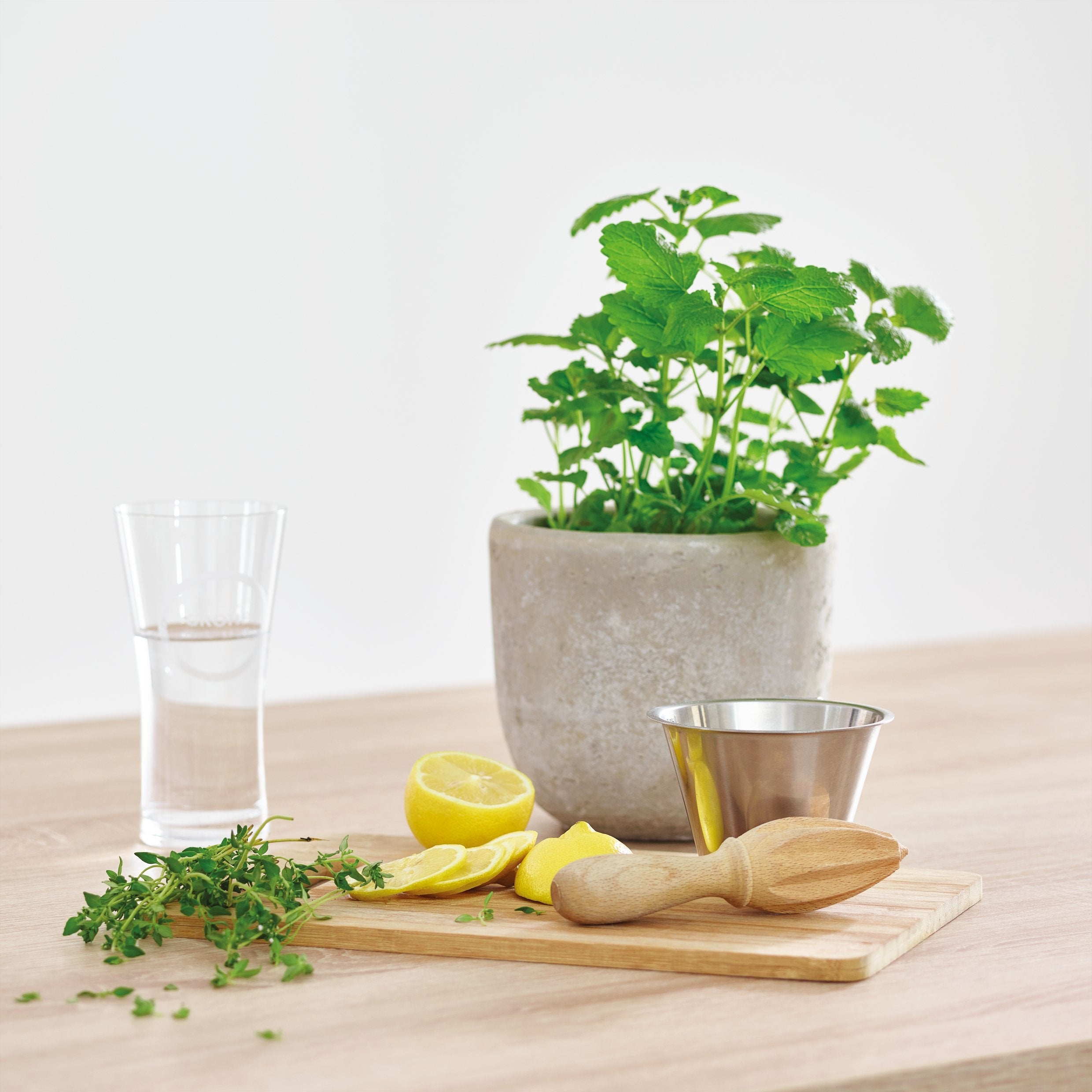 Clear glass tumbler with water and ice displayed on wooden surface with herbs and lemon.