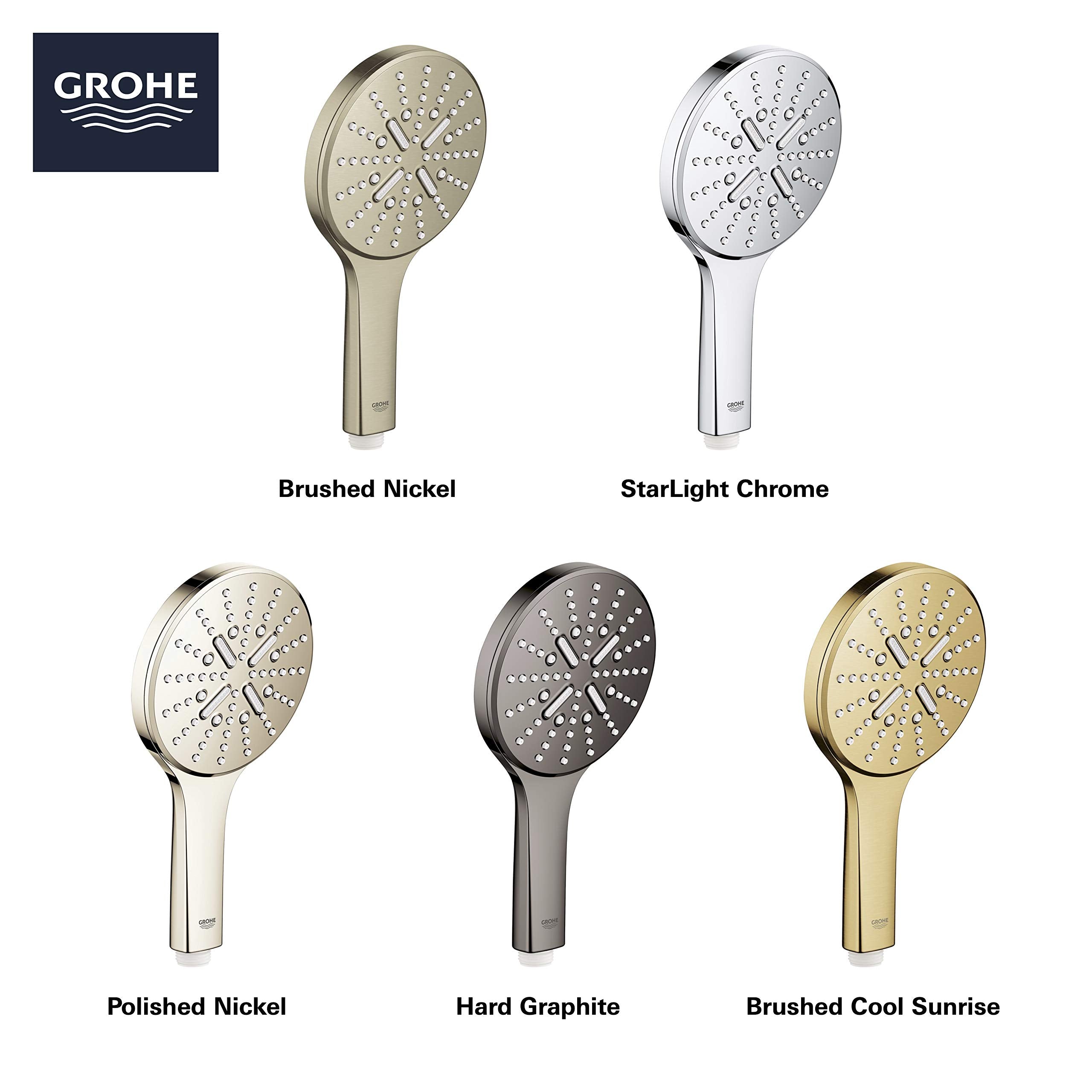 Five Grohe hand shower heads in different finishes: brushed nickel, starlight chrome, polished nickel, hard graphite, and bru