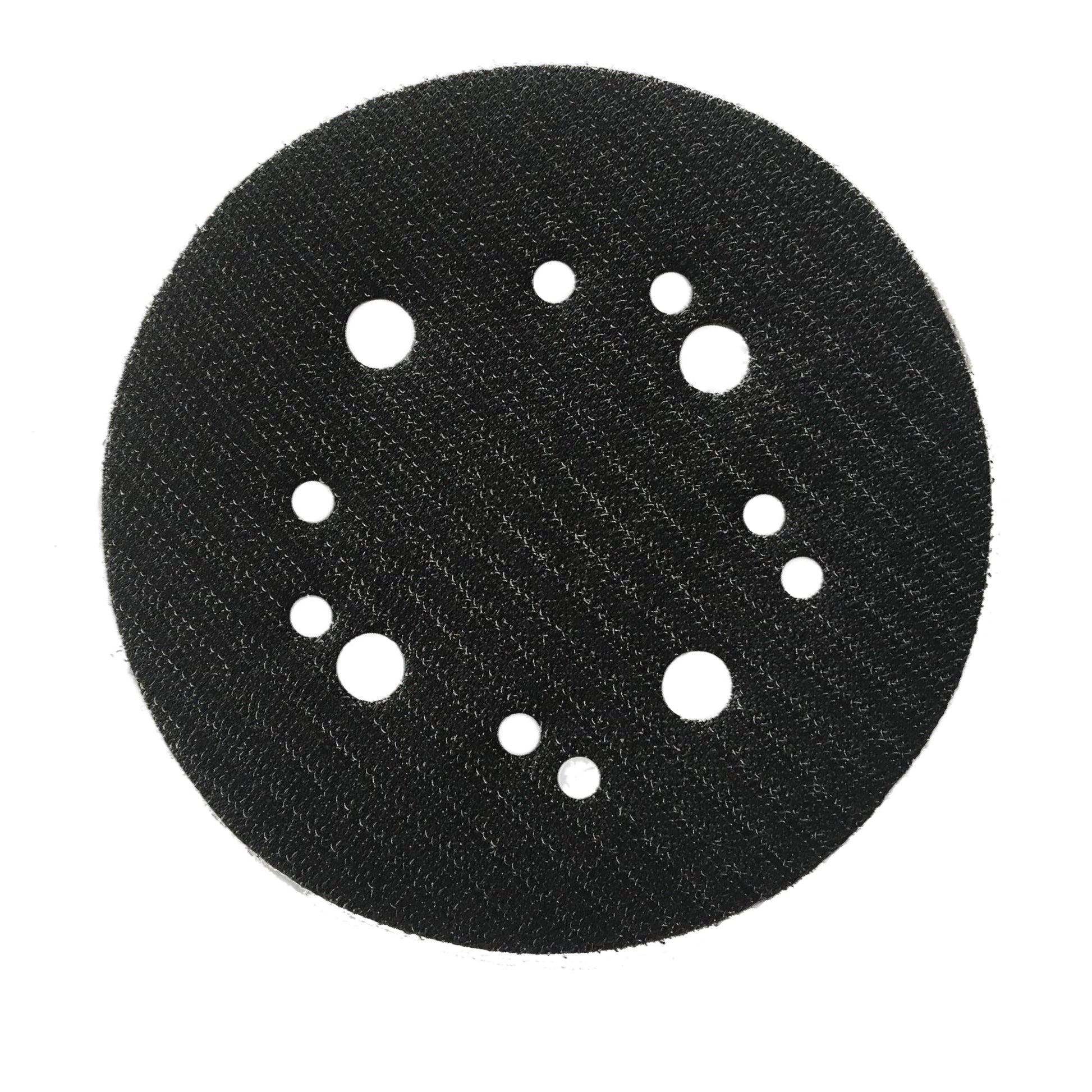 Black circular sanding pad with textured surface and white mounting holes arranged in pattern.