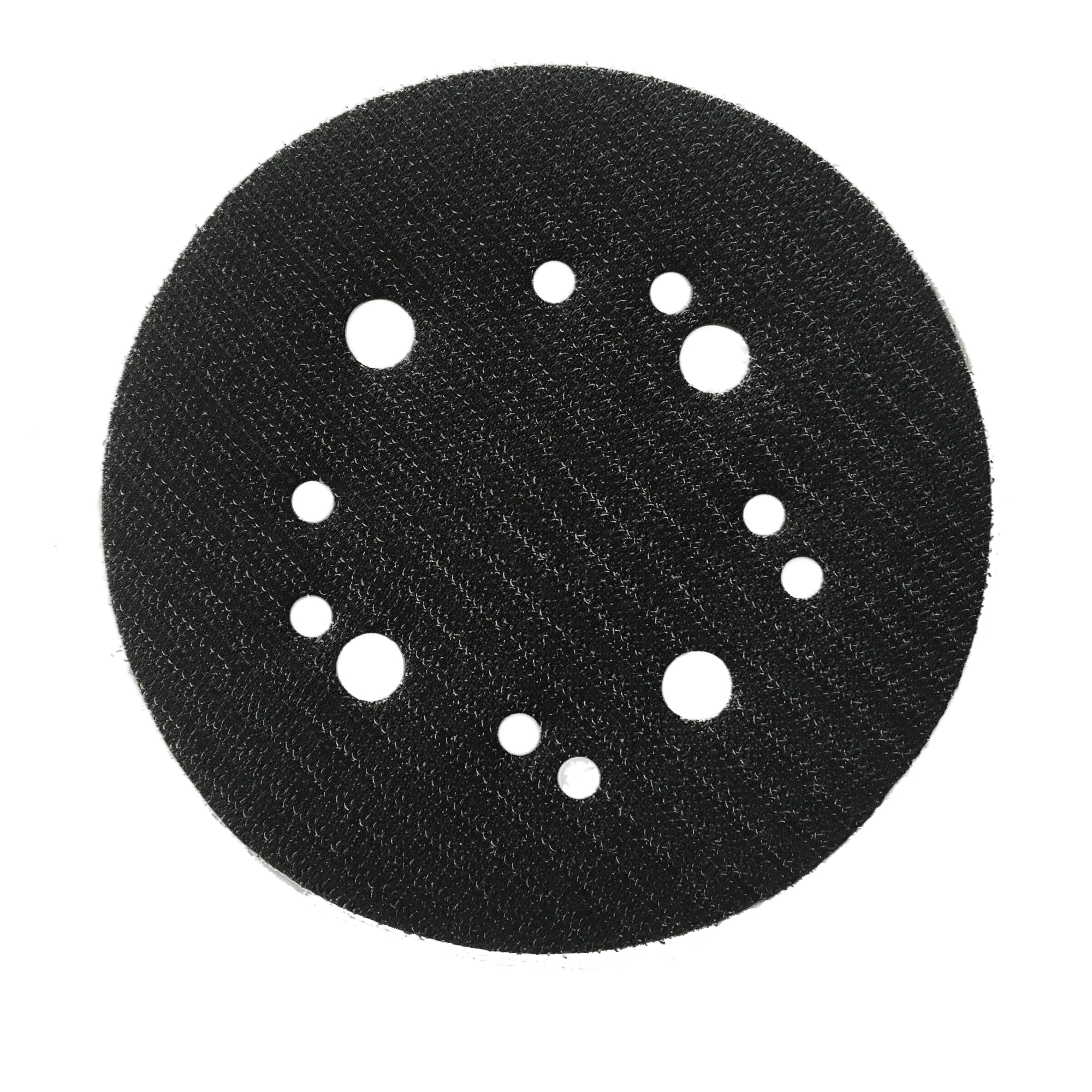 Black circular sanding pad with textured surface and white mounting holes arranged in pattern.
