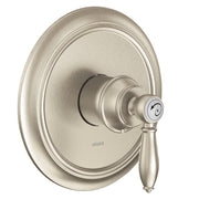 Brushed nickel shower trim kit with single lever handle and oval escutcheon plate.