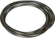 Black coiled metal drain cleaning cable wound in a loop against white background.