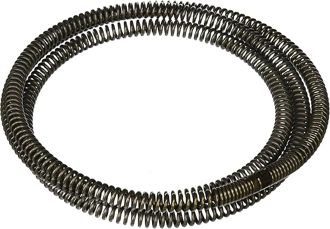 Black coiled drain cleaning cable with metal spring-like construction forming a complete loop.