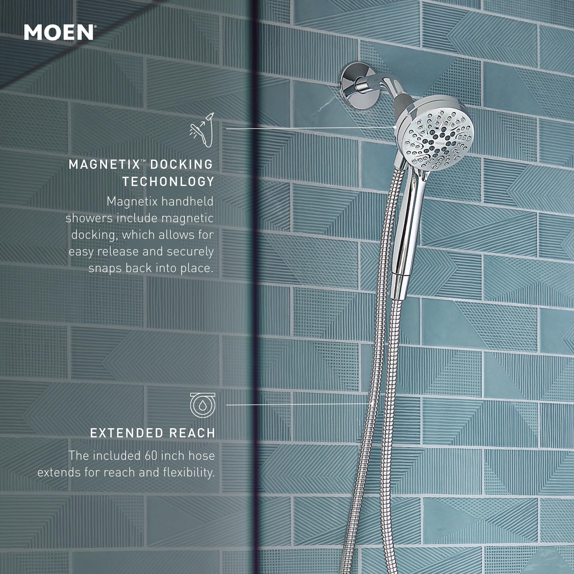 Moen Matte Black hand shower with perforated showerhead, flexible hose, and magnetic docking mount on tiled wall.