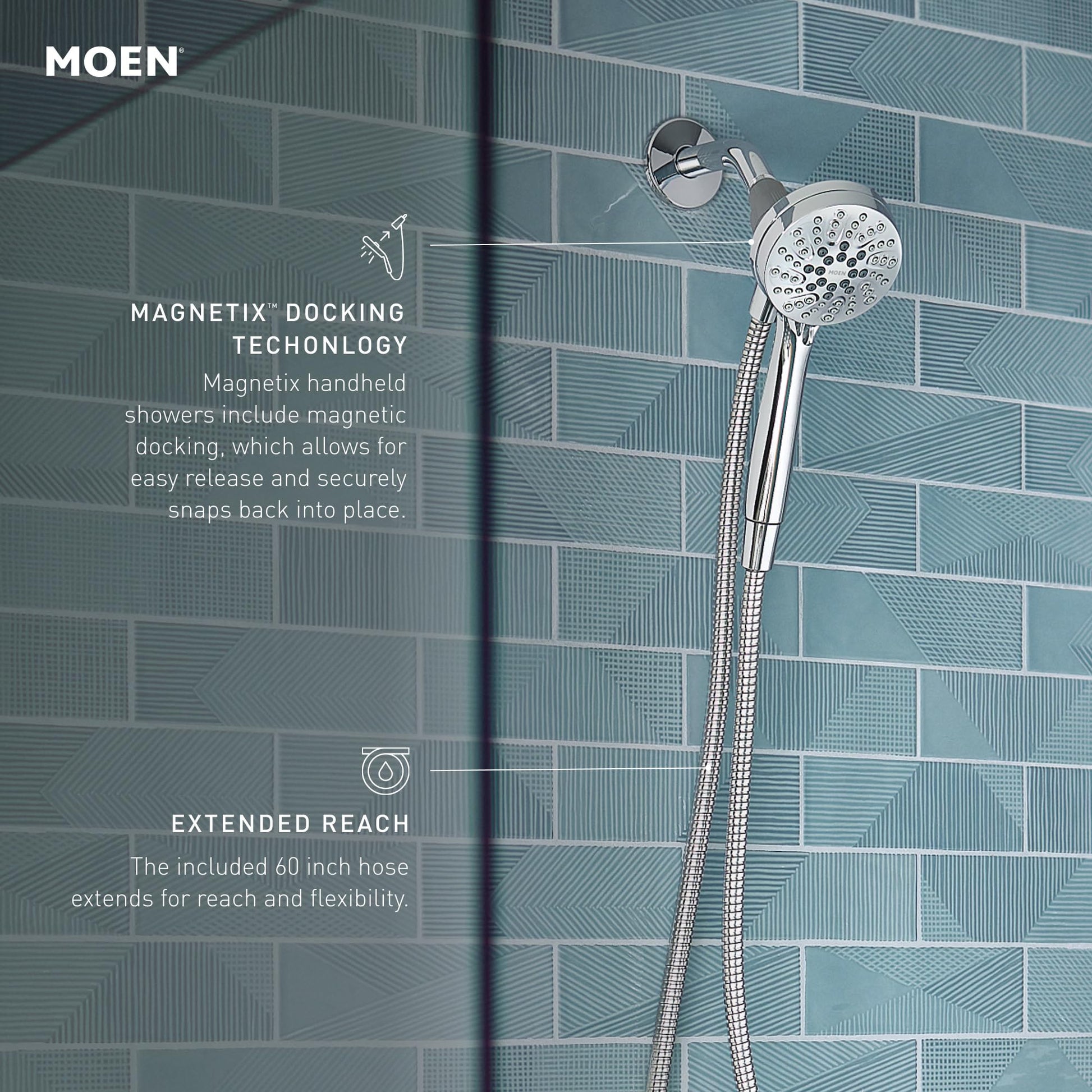 Brushed nickel hand shower with round spray head attached to flexible hose and wall mount against tiled bathroom wall.