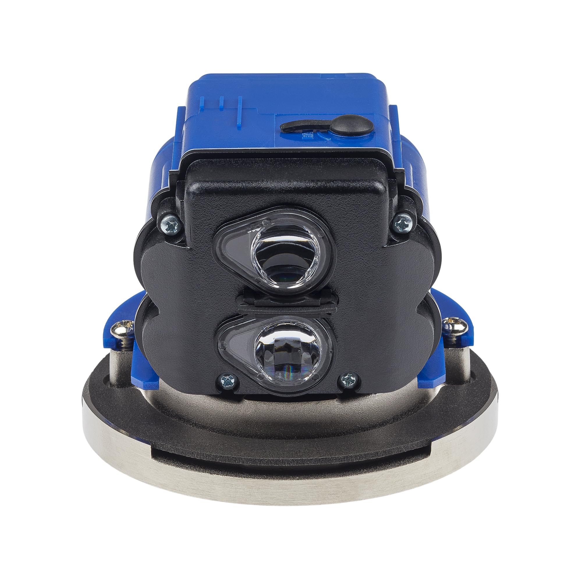 Blue and black water closet control module with two circular sensor ports and mounting base.