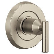 Brushed nickel single-handle valve trim with circular escutcheon plate and cylindrical lever handle.