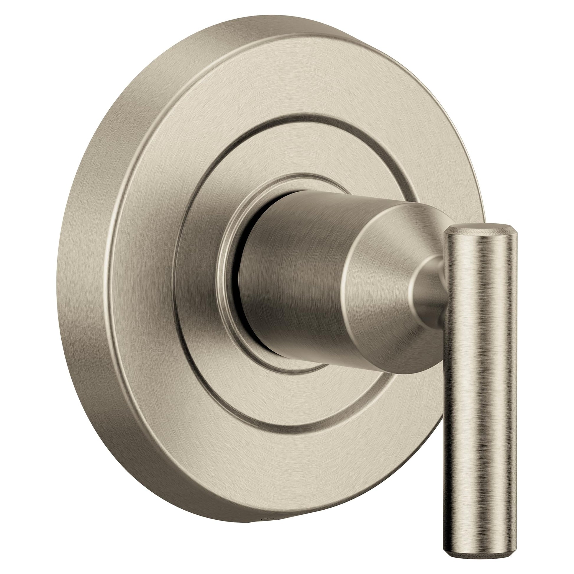 Brushed nickel single-handle valve trim with circular escutcheon plate and cylindrical lever handle.