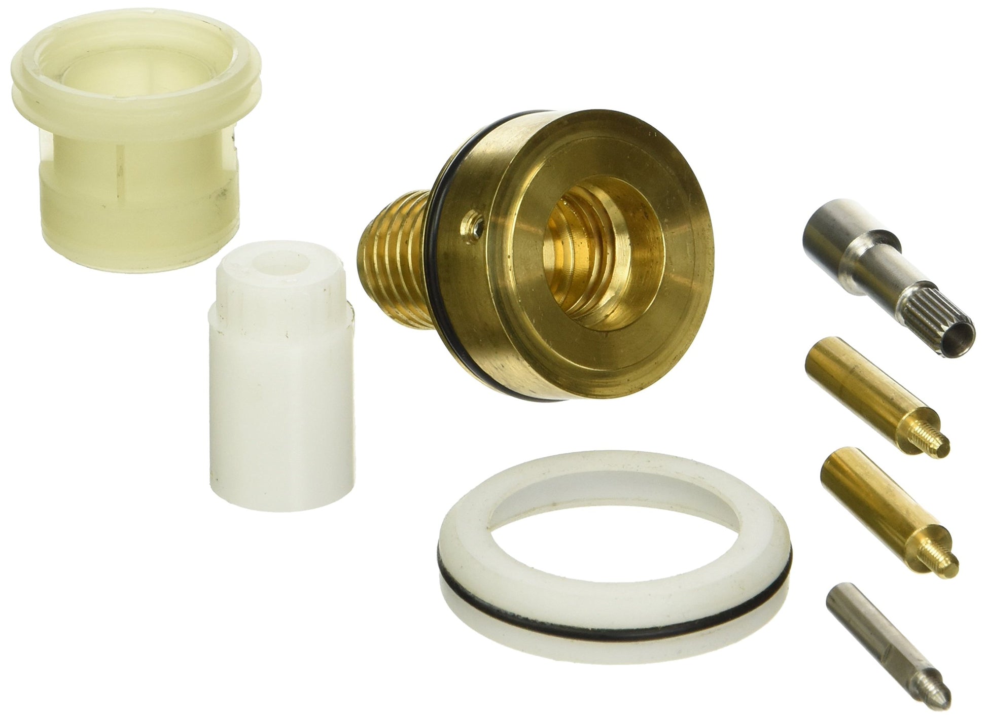 Grohe extension kit containing plastic sleeves, brass fitting, metal components, white seal ring, and small metal pins.