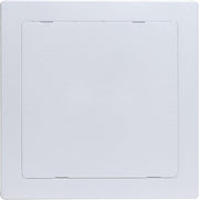 White plastic access panel, 14 x 14 inches, with recessed frame and hinge slots.