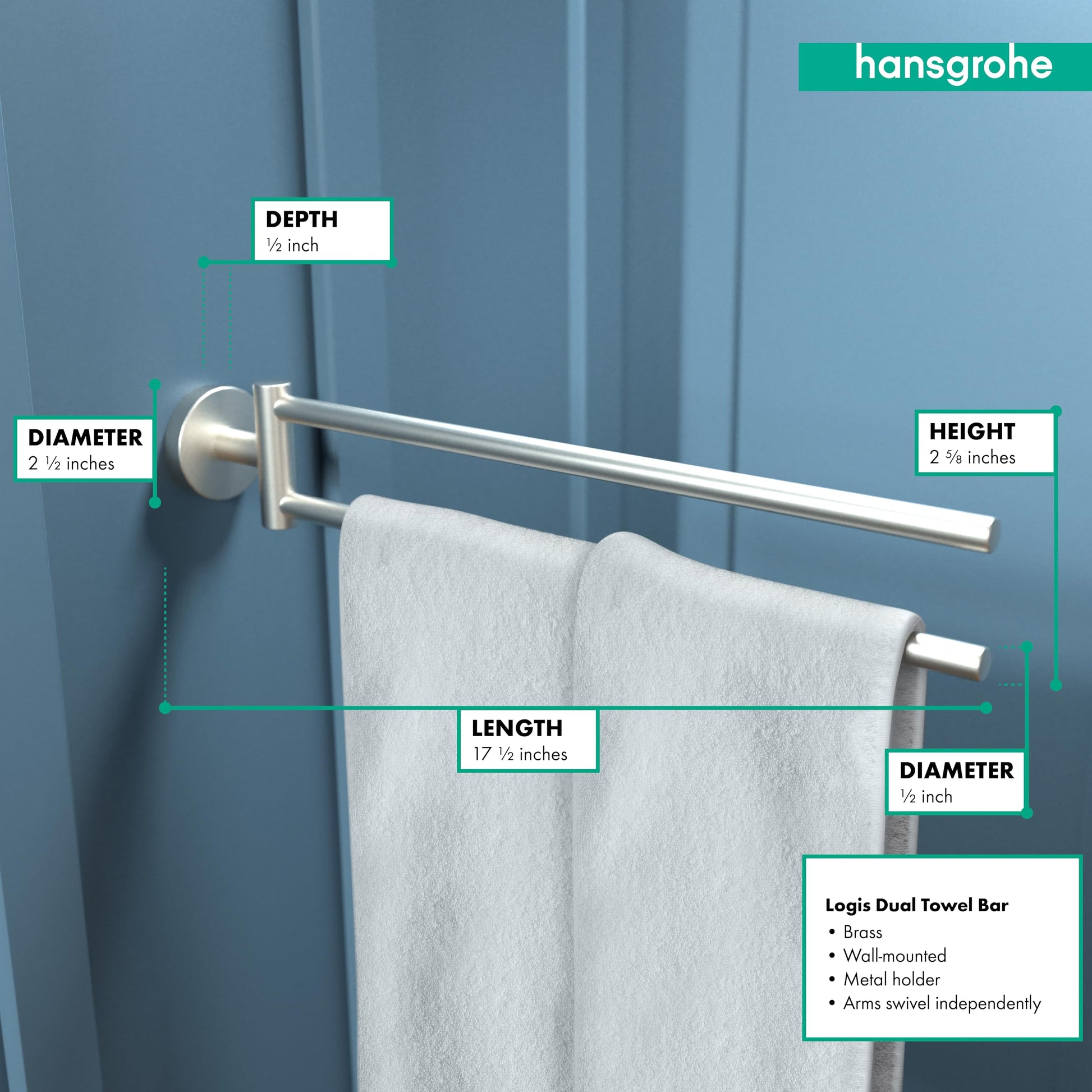 Brushed nickel dual towel bar mounted on blue wall with white towel draped over both horizontal arms.
