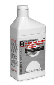 White plastic bottle with white cap containing boiler and heating system cleaner with gray and red label.