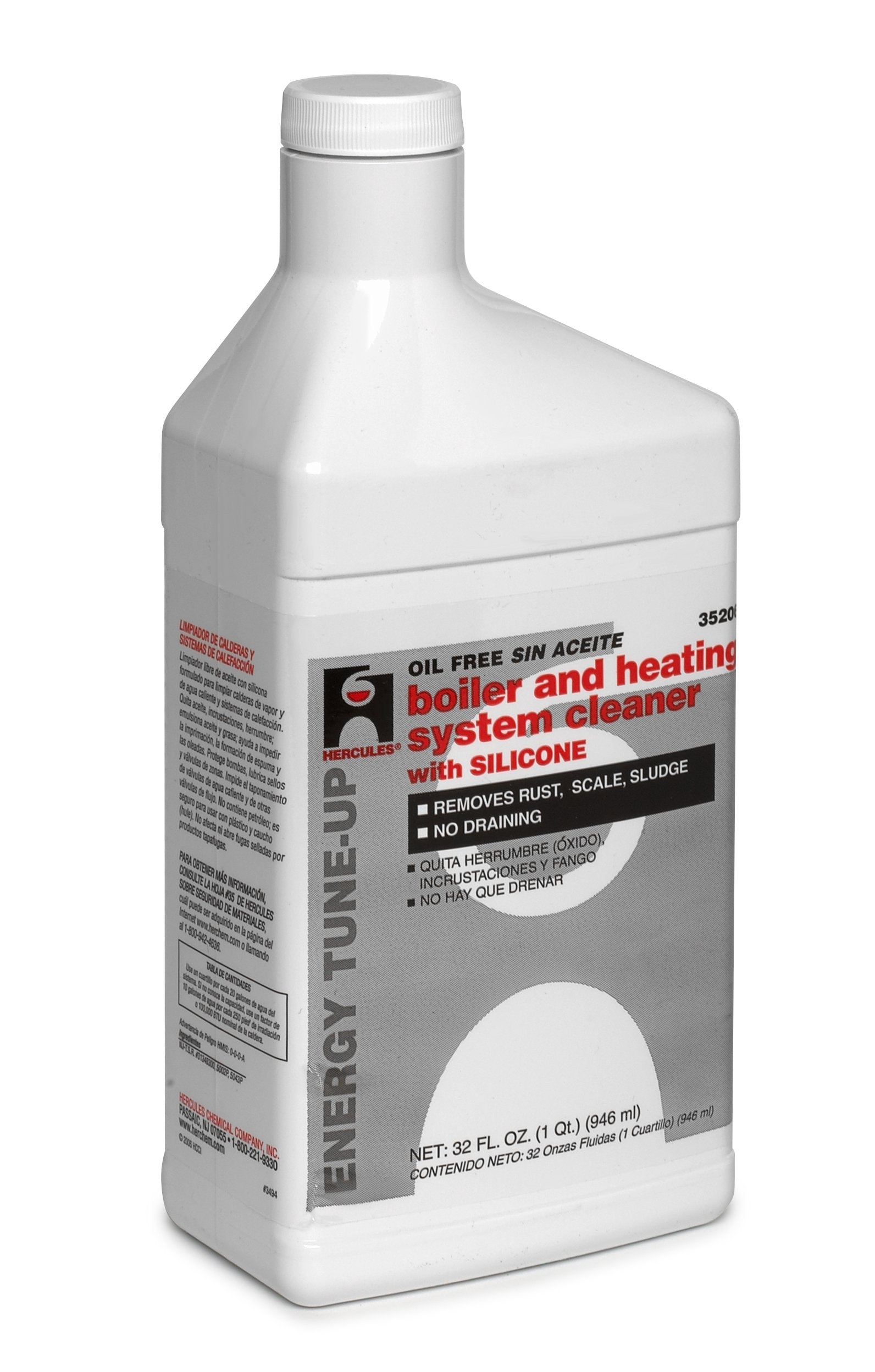 White plastic bottle with white cap containing boiler and heating system cleaner with gray and red label.