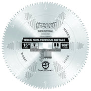 15" diameter aluminum cutting blade with 108 teeth, 1" arbor, designed for non-ferrous metals including copper and brass.