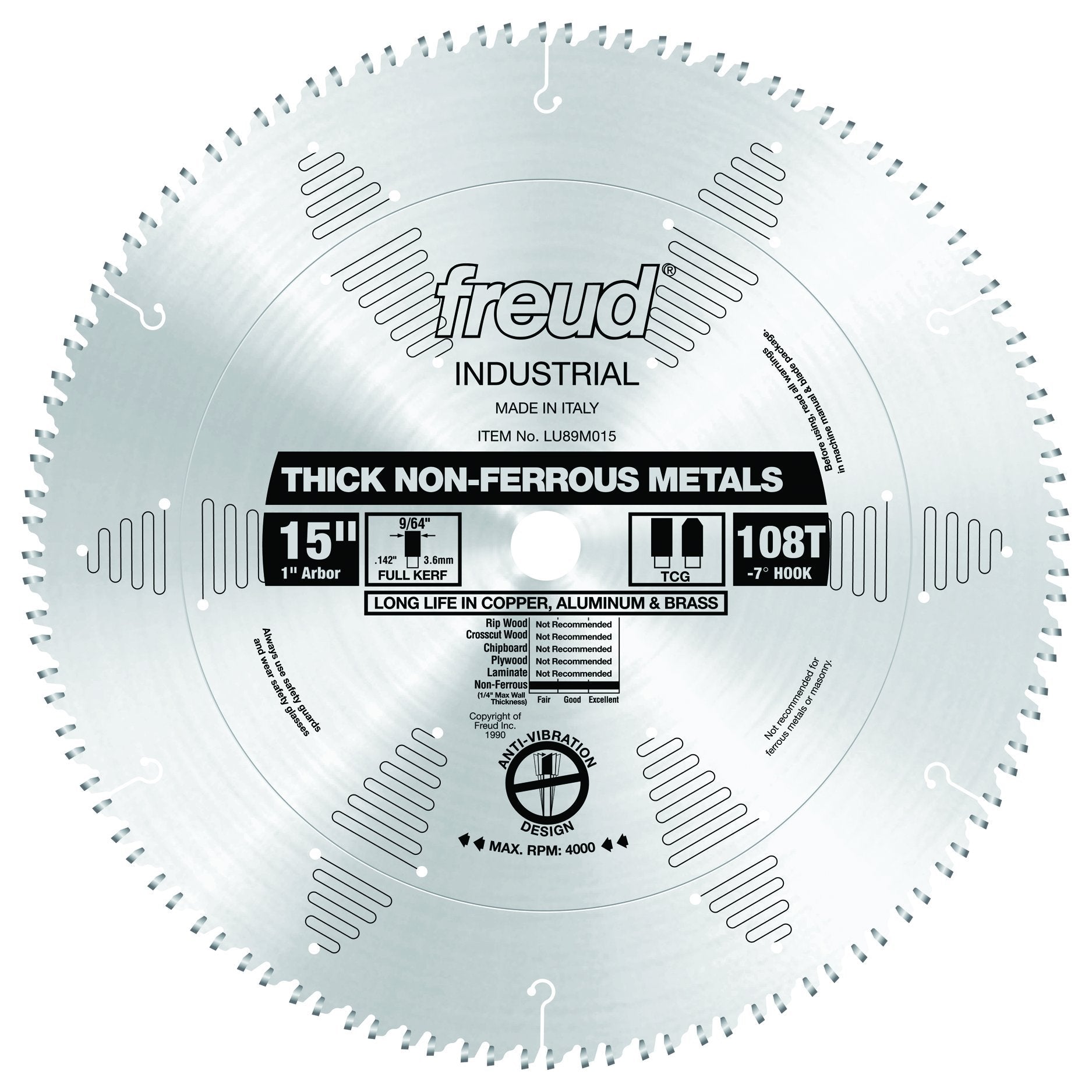 15" diameter aluminum cutting blade with 108 teeth, 1" arbor, designed for non-ferrous metals including copper and brass.