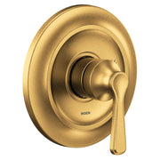 Brushed gold shower trim kit with single lever handle and concentric circular escutcheon plate.