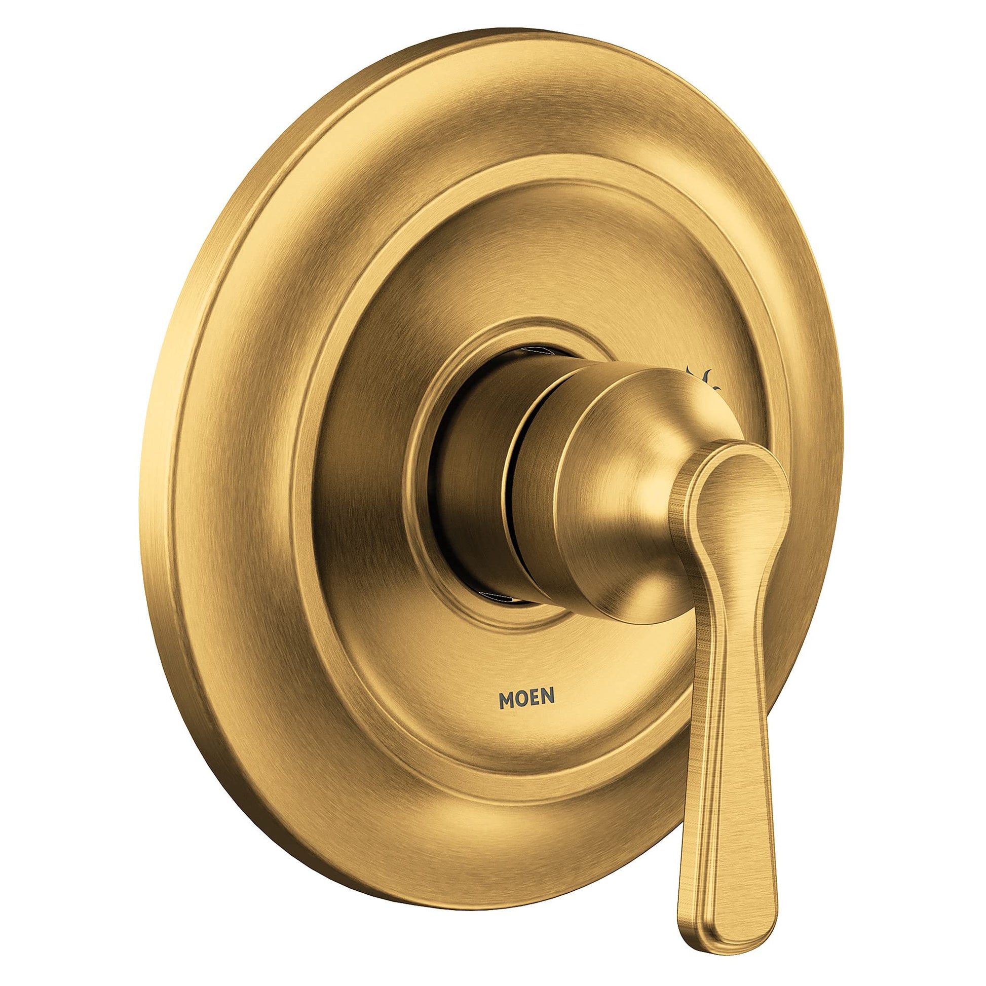 Brushed gold shower trim kit with single lever handle and concentric circular escutcheon plate.