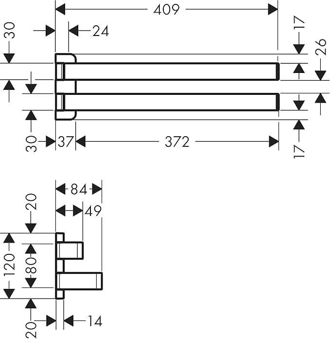 Chrome dual towel bar with two horizontal rails and wall mounting bracket, shown in technical dimension drawing.