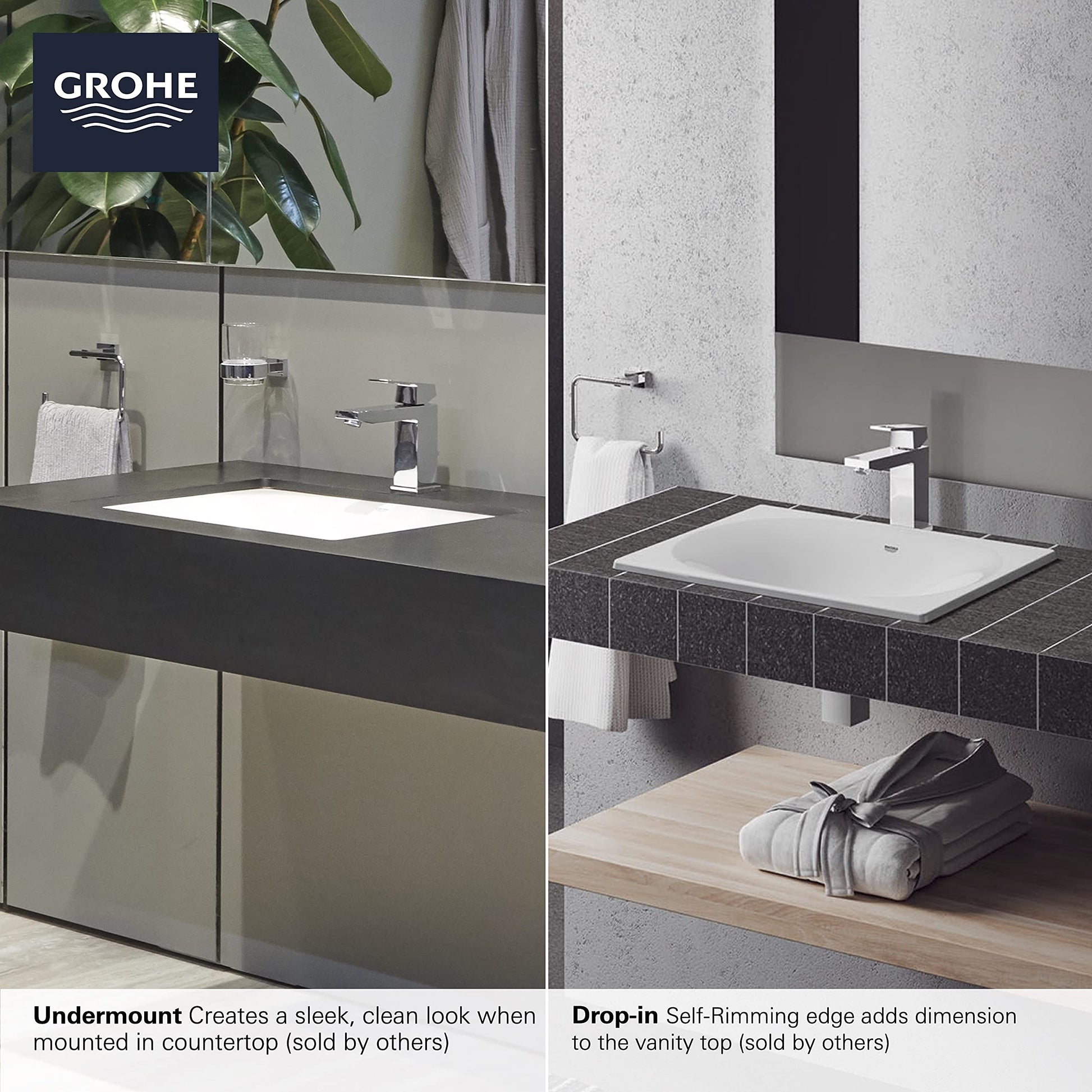 White rectangular undermount bathroom sink shown installed in black countertop with chrome faucet and matching accessories.
