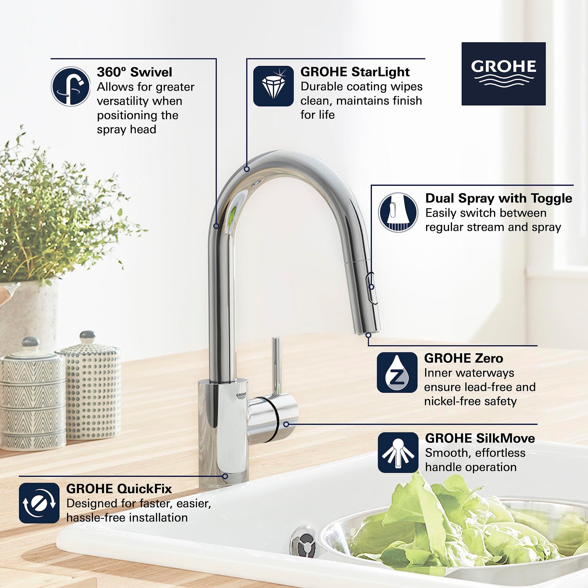 Chrome pull-down bar faucet with single handle, arched spout, and white base mounted on kitchen sink.