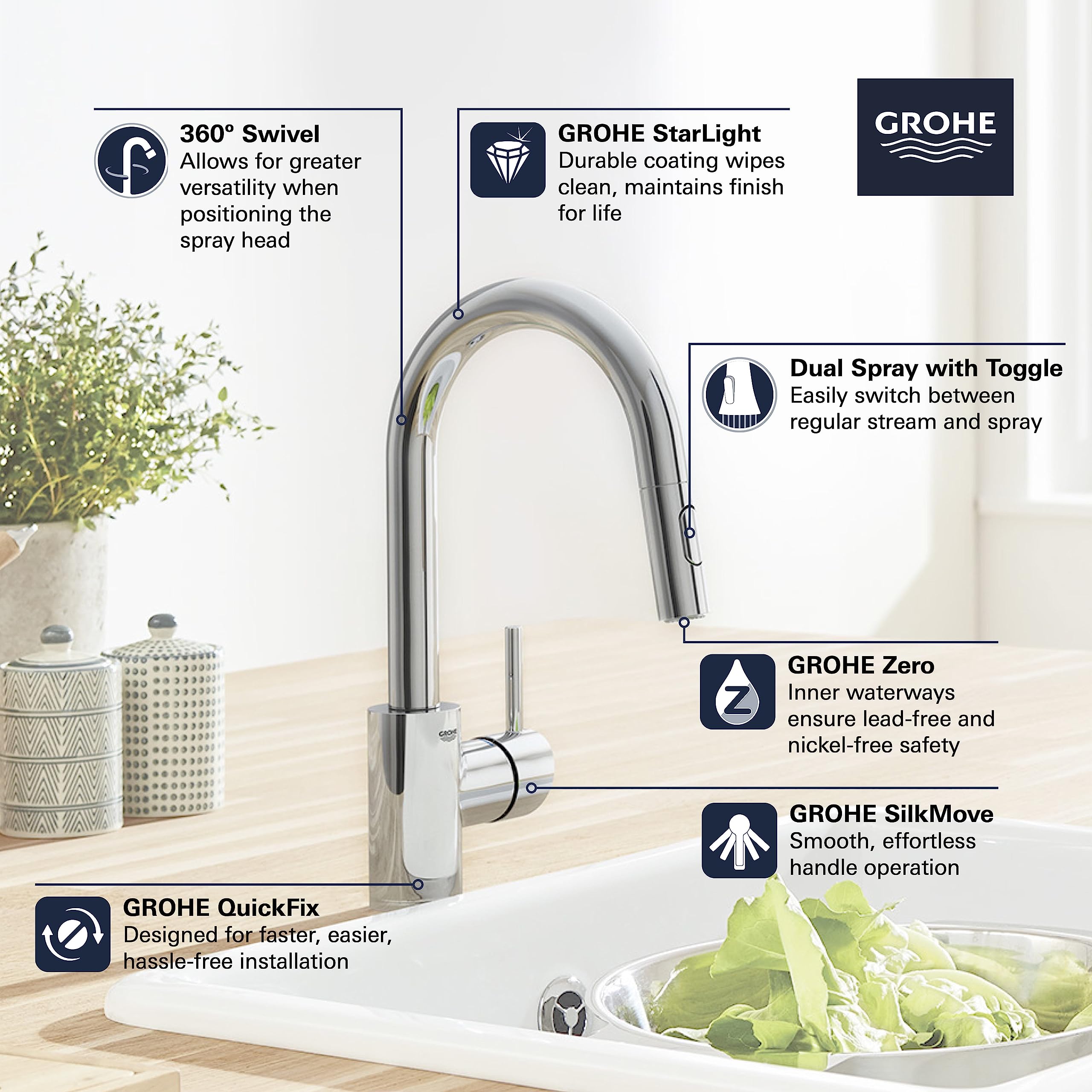 Chrome pull-down bar faucet with single handle, arched spout, and white base mounted on kitchen sink.