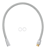 Chrome braided shower hose with metal connectors on both ends and two rubber washers.