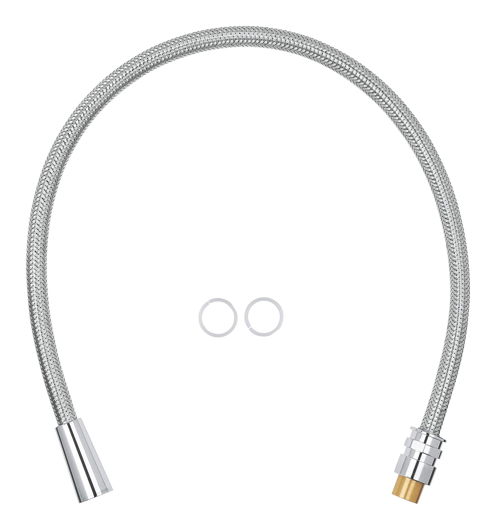 Chrome braided shower hose with metal connectors on both ends and two rubber washers.