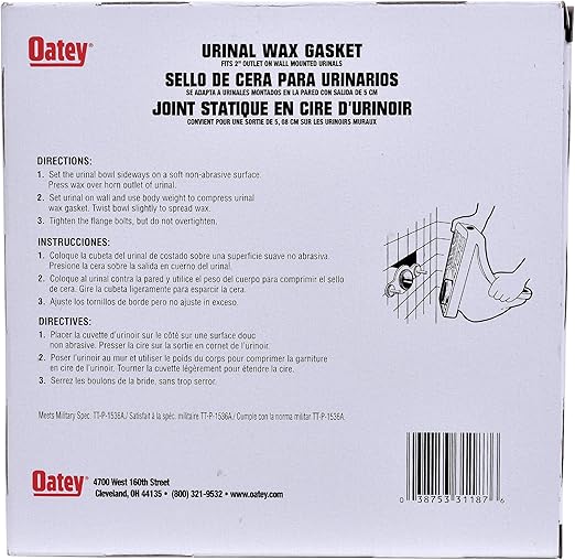 Oatey urinal wax gasket product box with installation instructions and multilingual text.