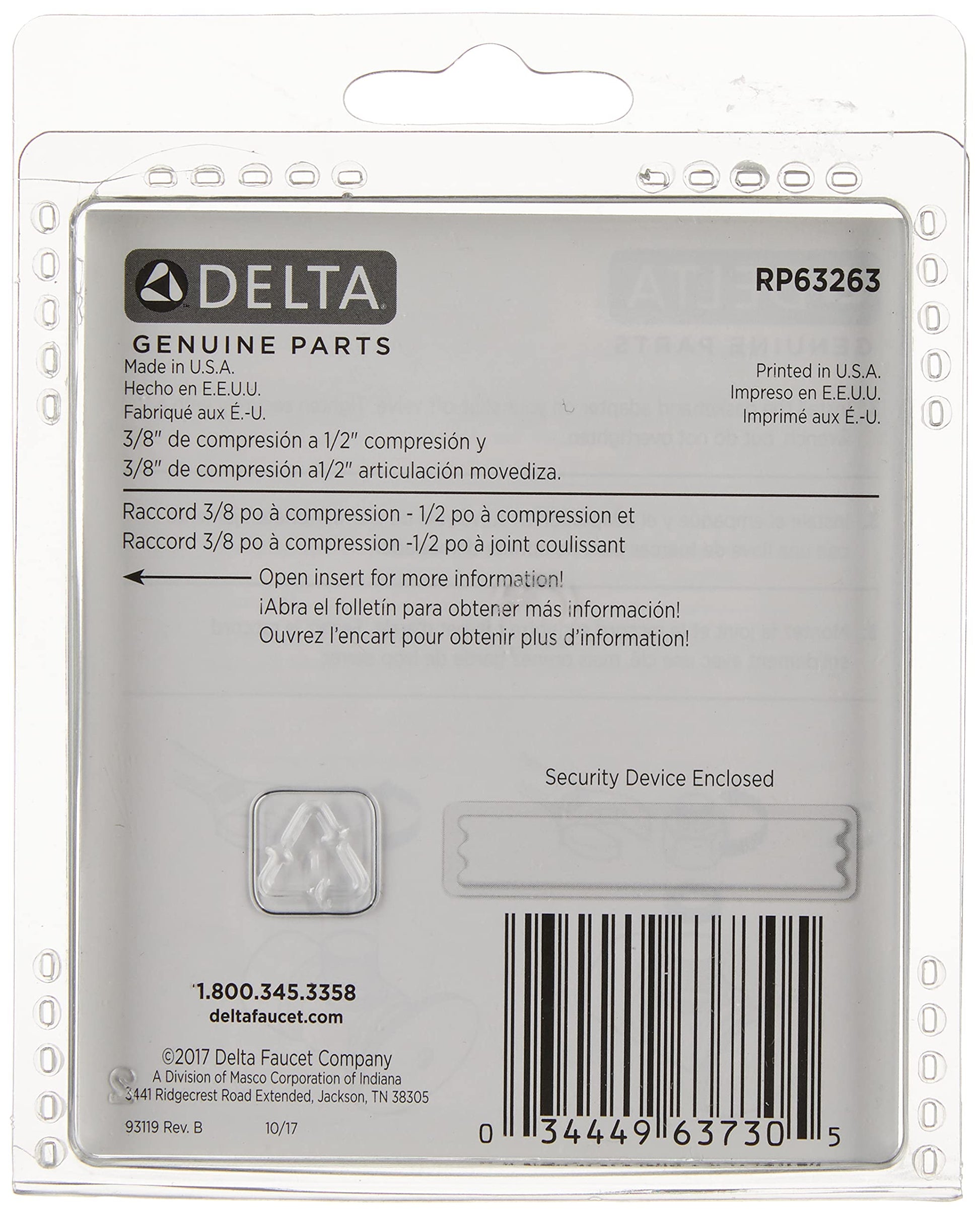 Delta RP63263 adapter kit with 3/8" to 1/2" PEX compression fittings in clear plastic packaging.