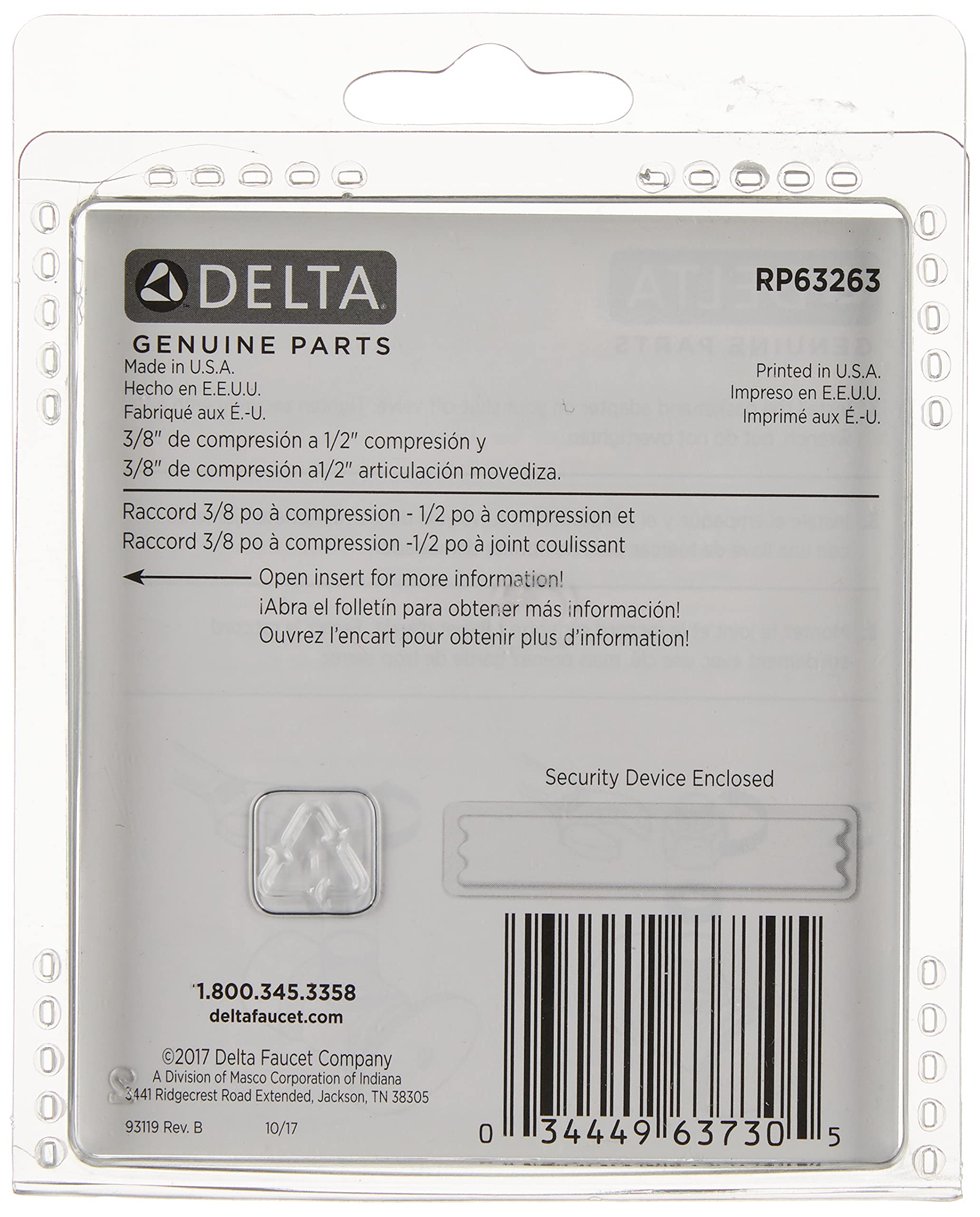 Delta RP63263 adapter kit with 3/8" to 1/2" PEX compression fittings in clear plastic packaging.