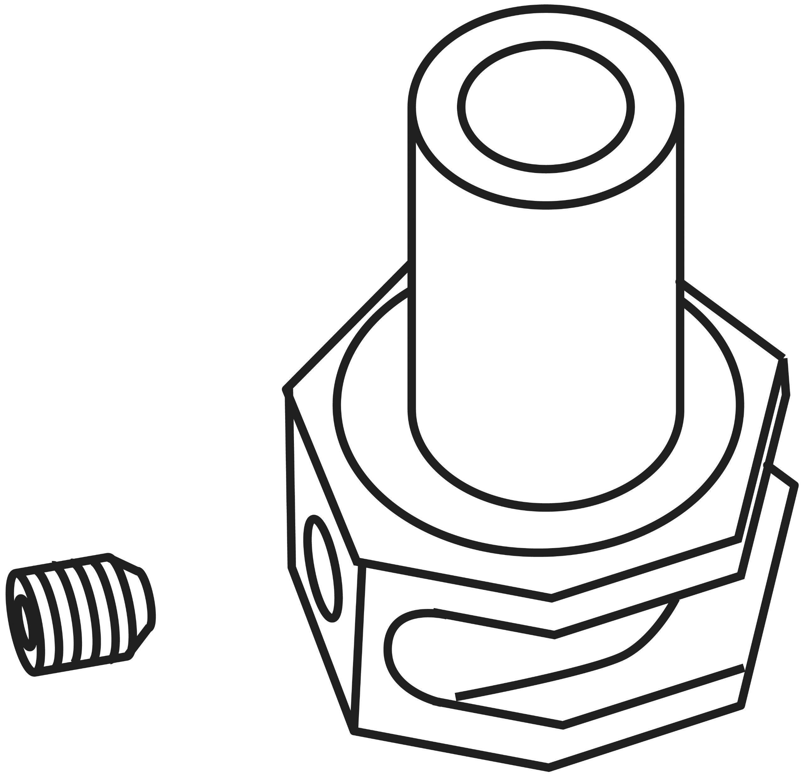 Cylindrical adapter with hexagonal base and threaded screw attachment shown separately to the left.