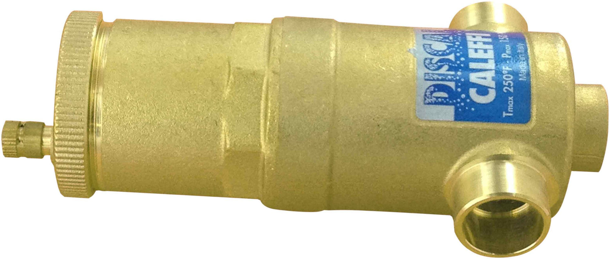 Brass cylindrical air separator with blue Caleffi label, sweat connection ports on ends, and drain valve on bottom.