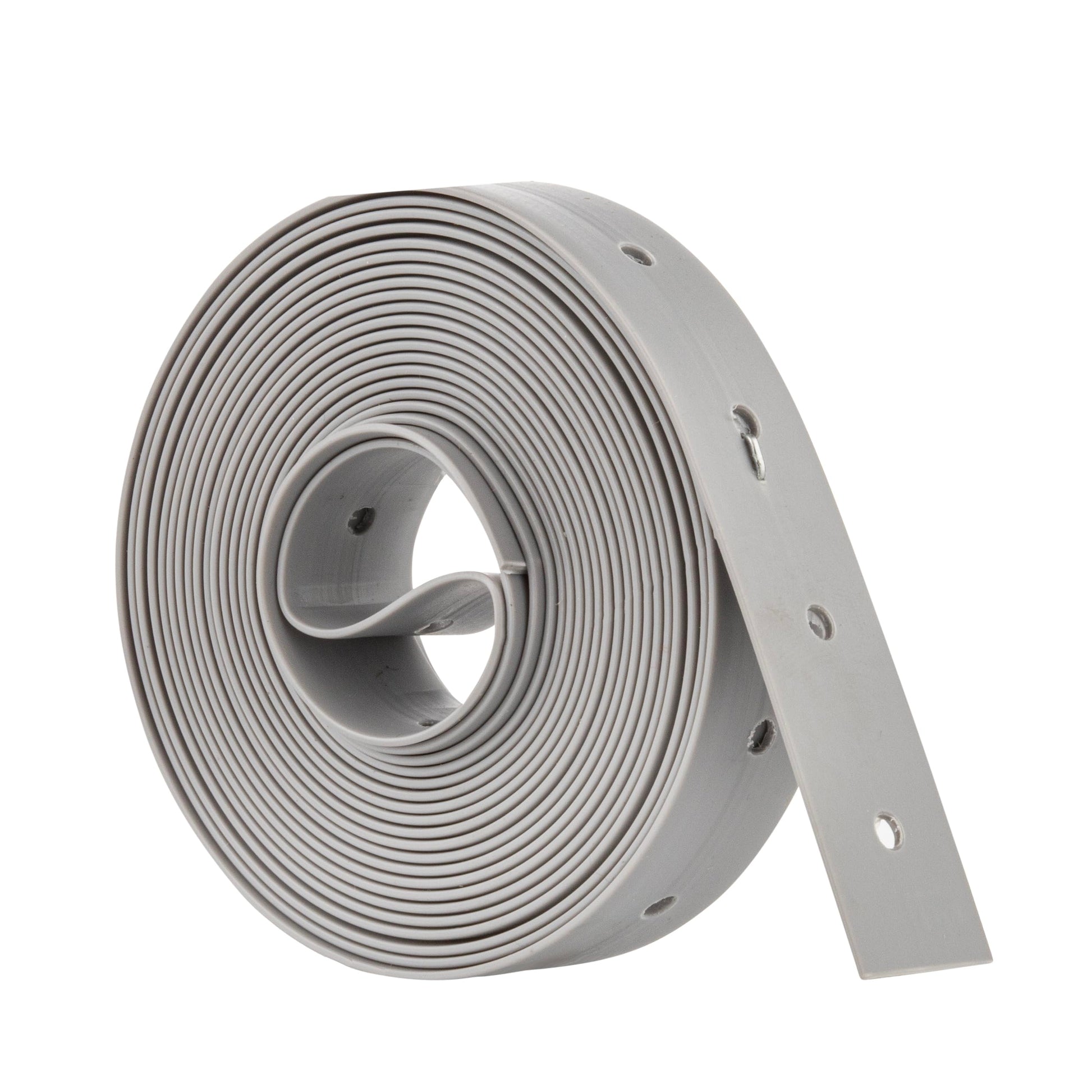 Gray pipe securing strap coiled with mounting holes along one edge.