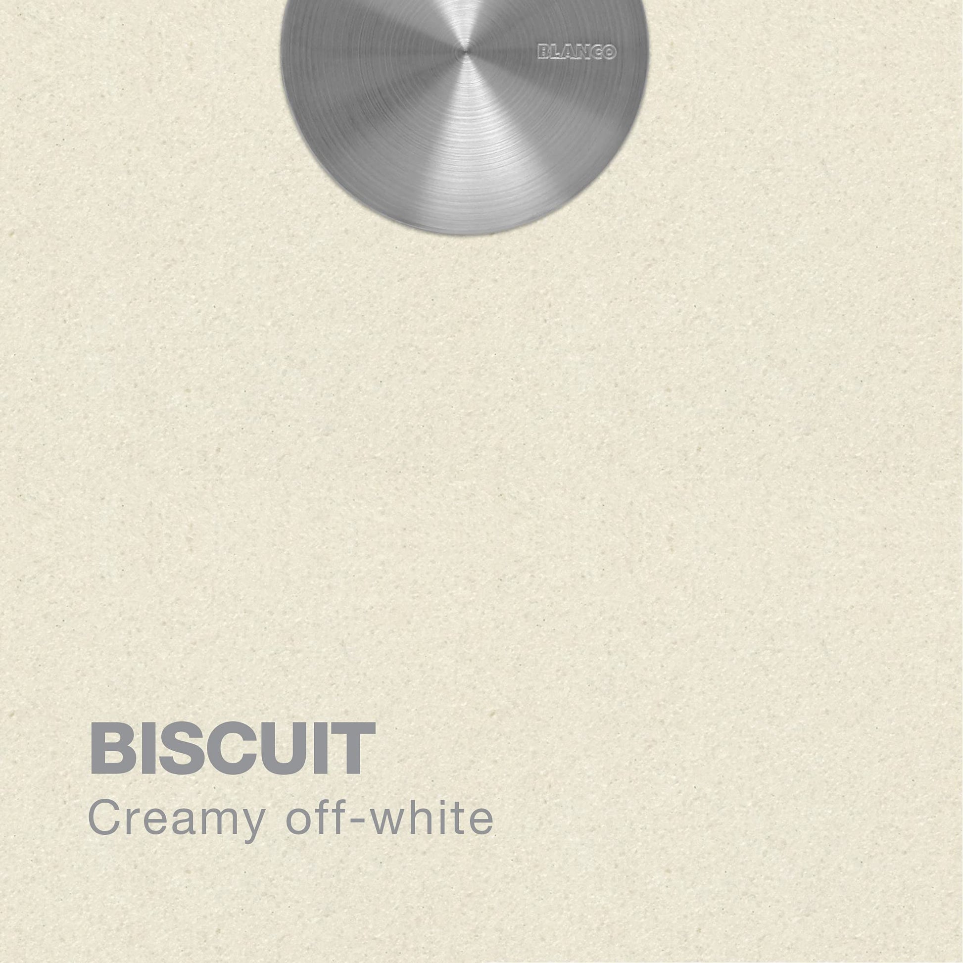 Blanco stainless steel double bowl sink shown from above with biscuit-colored background swatch.