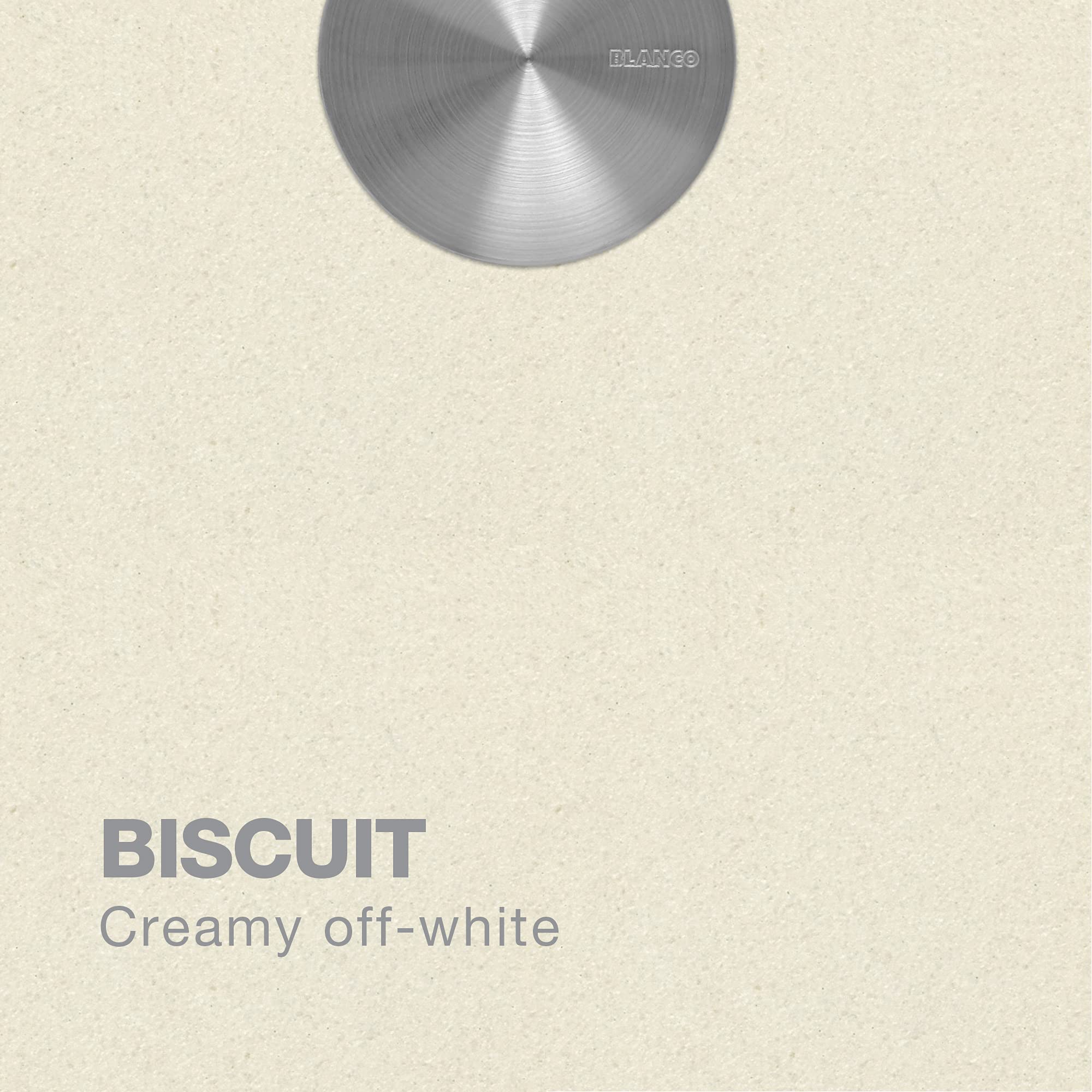 Blanco stainless steel double bowl sink shown from above with biscuit-colored background swatch.