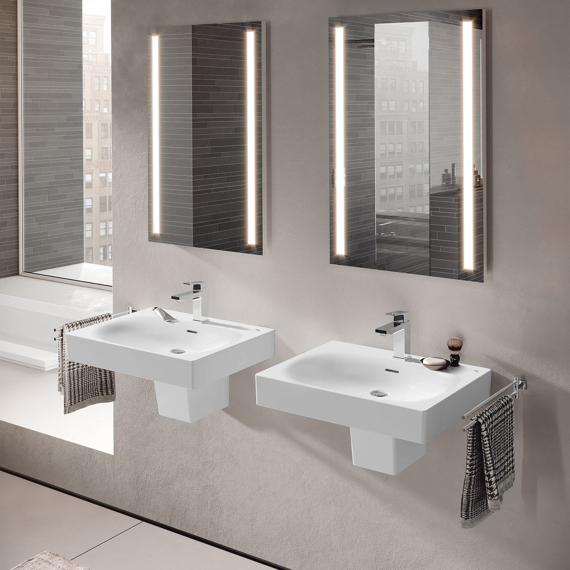 White wall-mounted bathroom shroud with rectangular shape, shown installed in modern bathroom setting above sink.