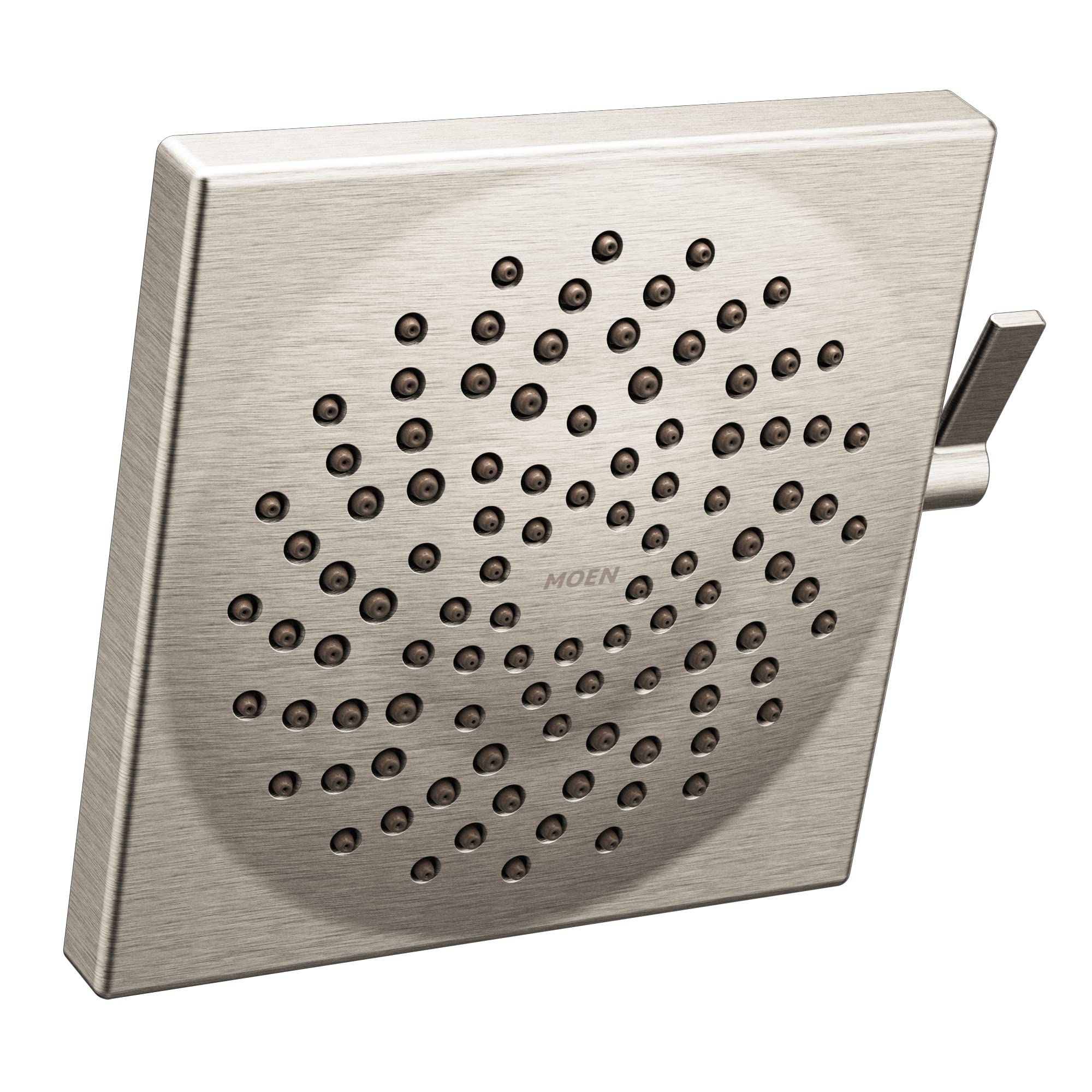Brushed nickel square showerhead with multiple spray holes and side control lever.
