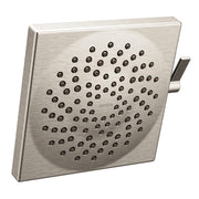 Brushed nickel square showerhead with multiple spray jets and side control lever.