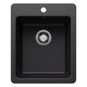 Coal black single-basin drop-in sink with chrome drain strainer and rounded corners.
