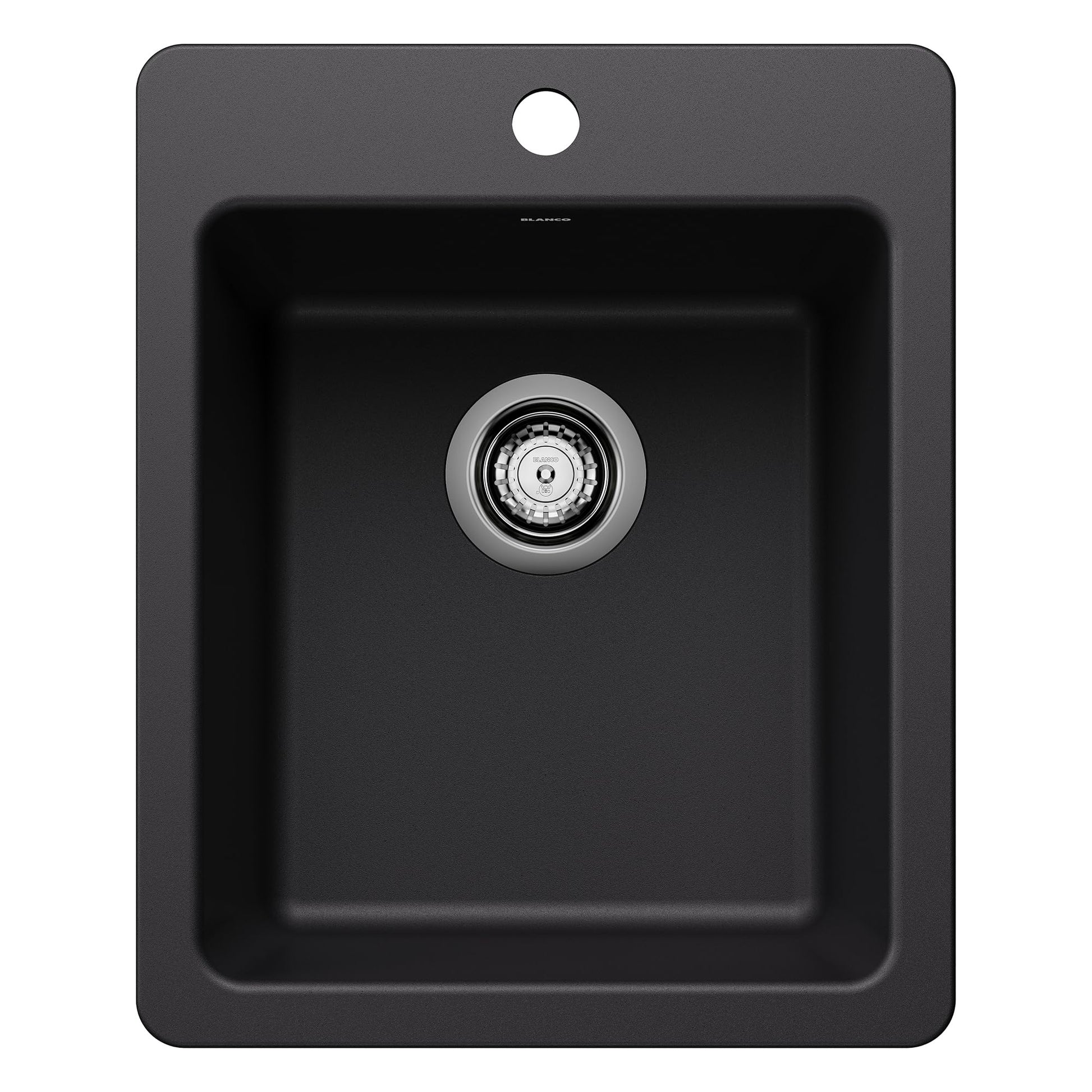 Coal black single-basin drop-in sink with chrome drain strainer and rounded corners.