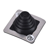 Black EPDM roof flashing with conical rubber boot mounted on square gray base with certification marking.